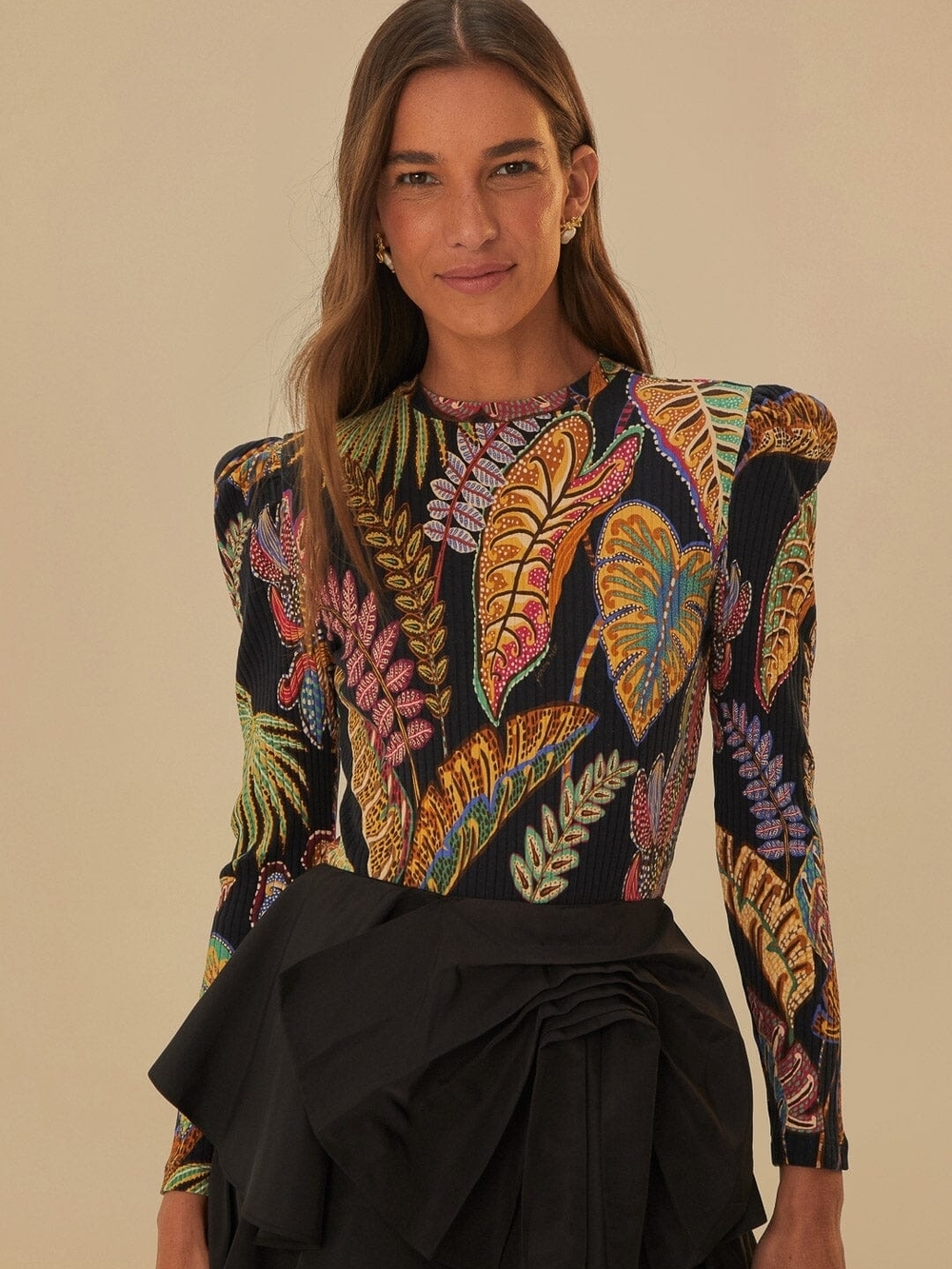 FARM Rio Black Long-Sleeve Leaf Print Bodysuit with Multicolor Leaves